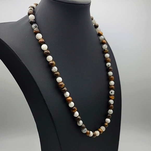 240 Cts Natural Tiger Eye & Moonstone Round Shape Beaded Gemstone 20" Necklace - Picture 4 of 8